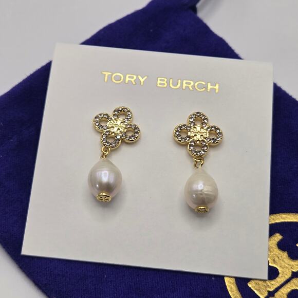 NEW Tory Burch Kira Clover Pearl Drop Earrings Gold Crystal Pave Dangling Gift - Picture 2 of 6